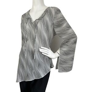Jennifer Lloyd Blouse Womens Size XL Dot Flare Sleeve Asymmetric White Black EUC